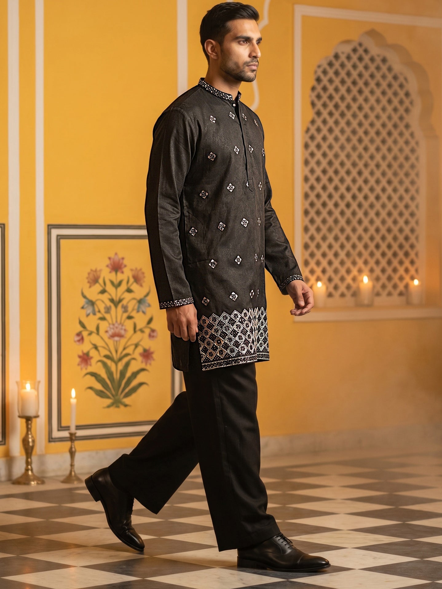 DesiQlo Men Embroidered Kurta Pyjama Set - Black - 65KP_PJ11B_5598Blac