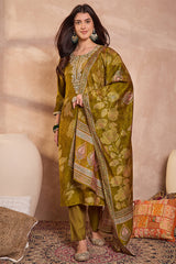 Green Silk Blend Floral Printed Straight Kurta Trouser With Dupatta PKSKD3209