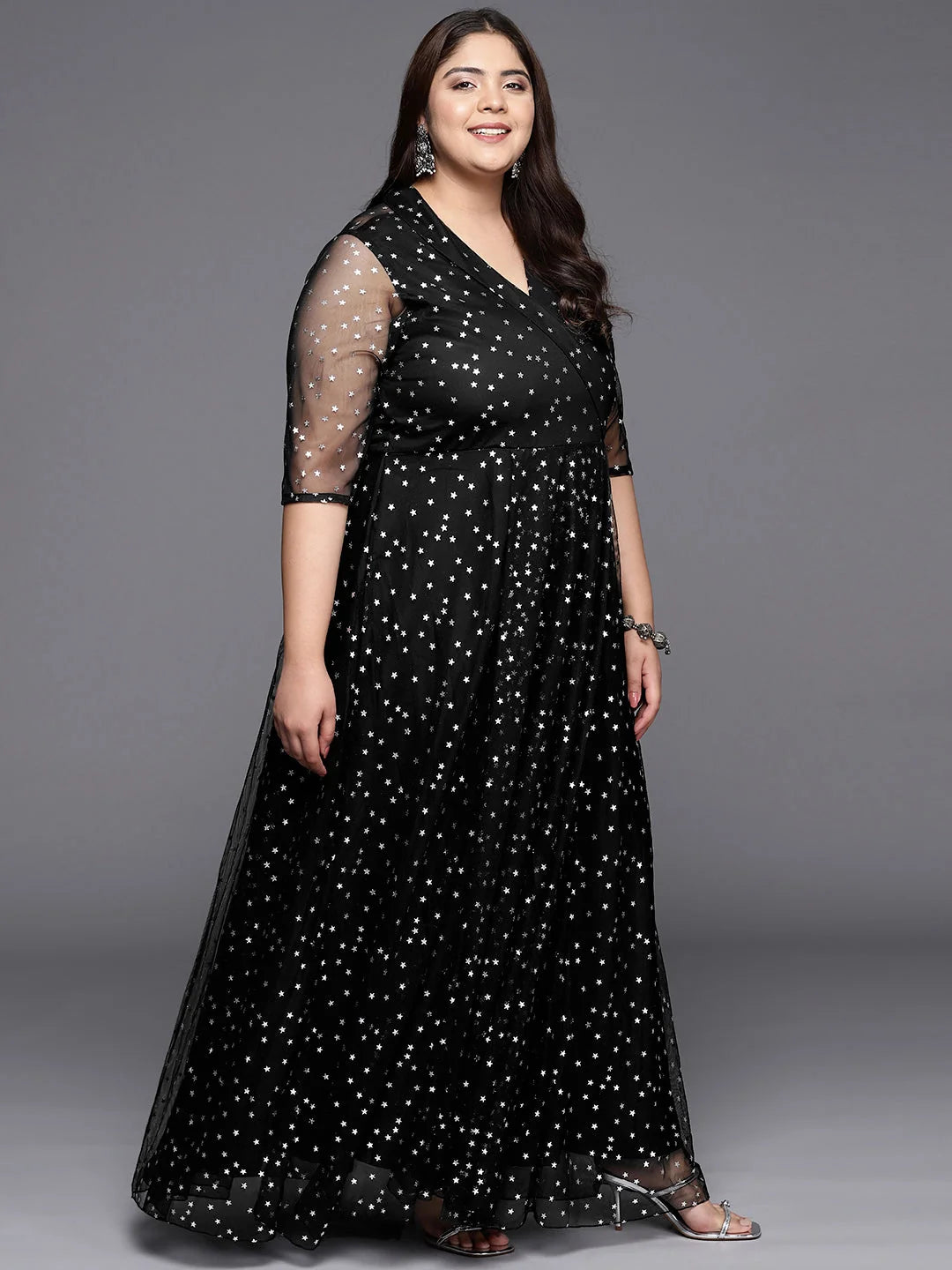 Black & Silver Plus Size Printed Maxi Ethnic Dress-AP-AHKUNTFPDS-829