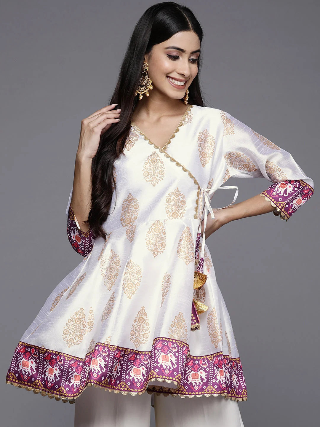 White & Golden Ethnic Printed Tunic-AHTUPSGP-8095