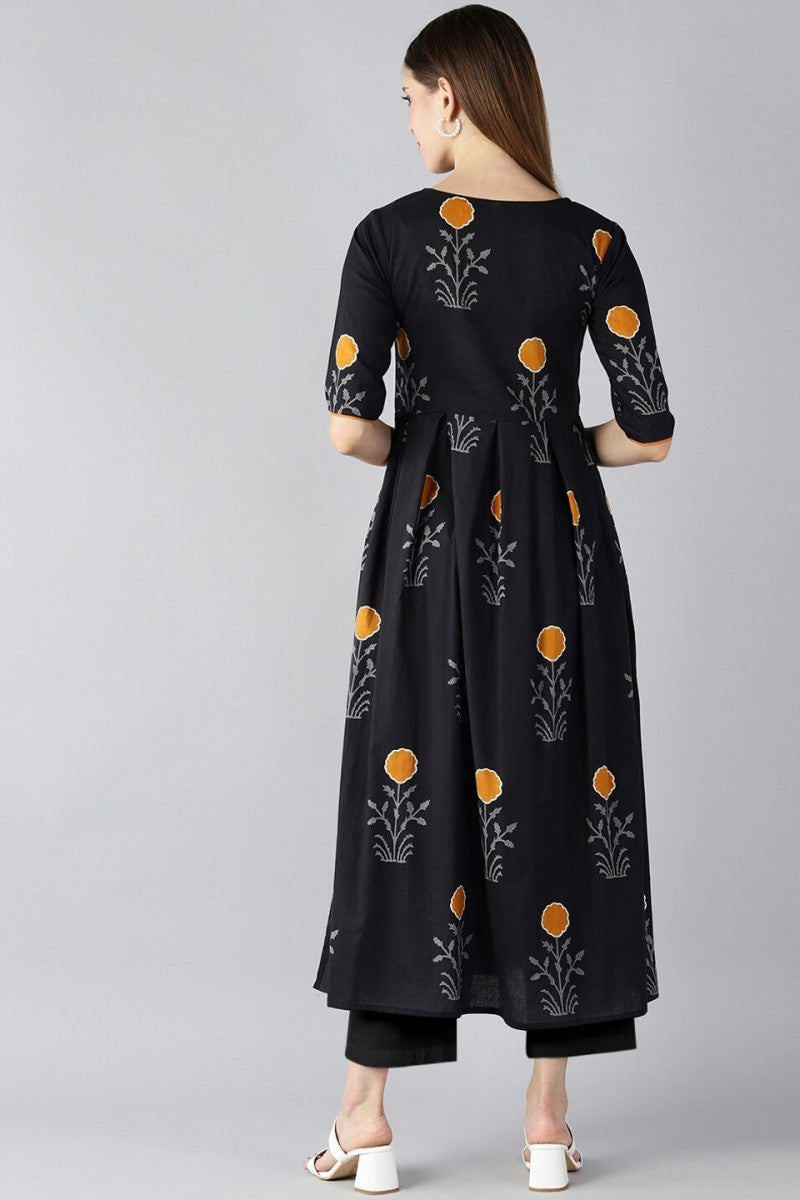 Black & Orange Floral Printed Keyhole Neck Pleated Kurta VCK8223 | Des