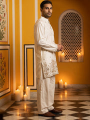 Silk Blend Embroidered Kurta & Korean Pants Set ( 65KP PJ11W 5601Cream ) [FF] [D-1]
