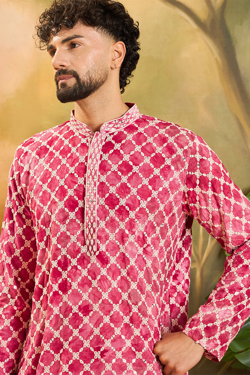 Red Viscose Rayon Shibori Embroidered Straight Kurta MKU1417