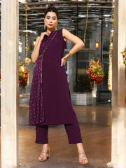 Burgundy Polka Dots Printed Gotta Patti Kurta with Trousers-AHKUPN-COMBO-737-FF