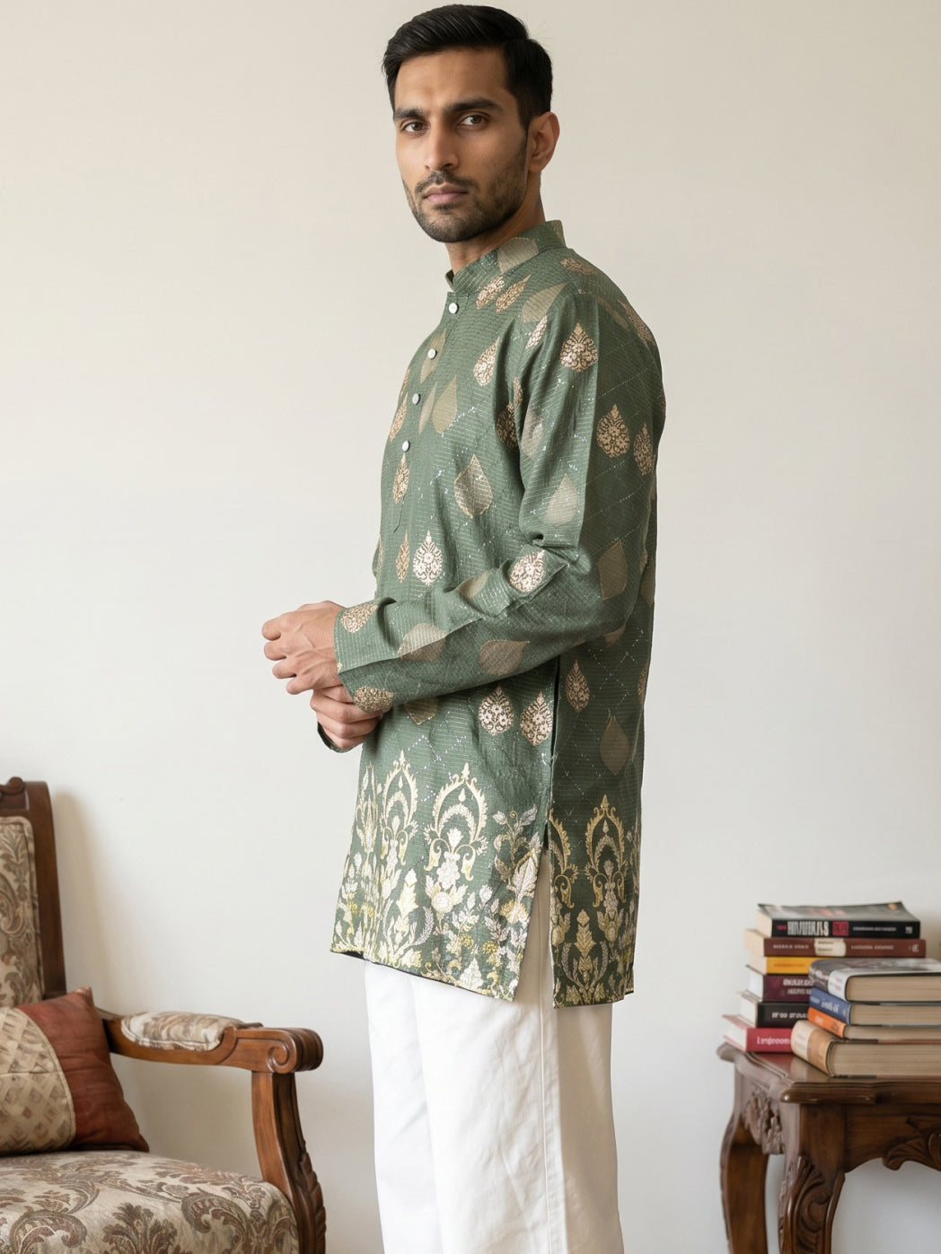 DesiQlo Men Printed Kurta Only - Green - 65KO_5590Olive_S