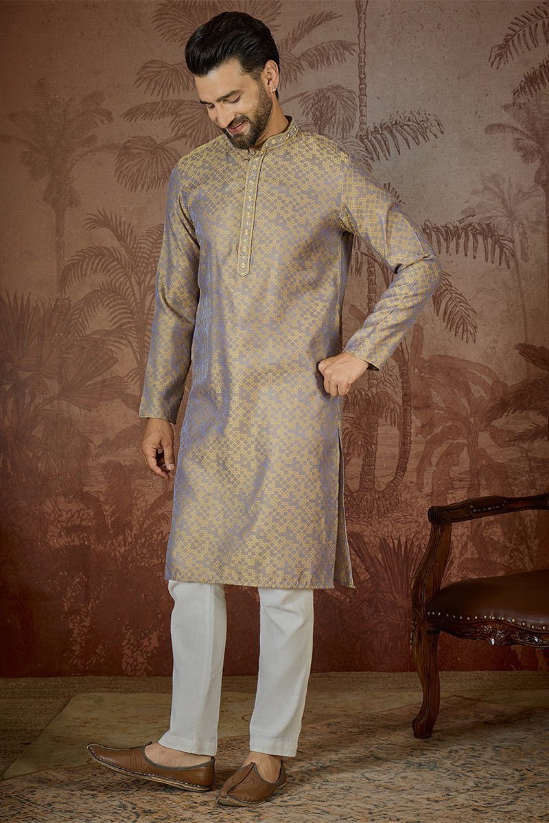 Grey Jacquard Geometric Embroidered Kurta With Trouser MKSET2548