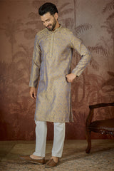 Grey Jacquard Geometric Embroidered Kurta With Trouser MKSET2548
