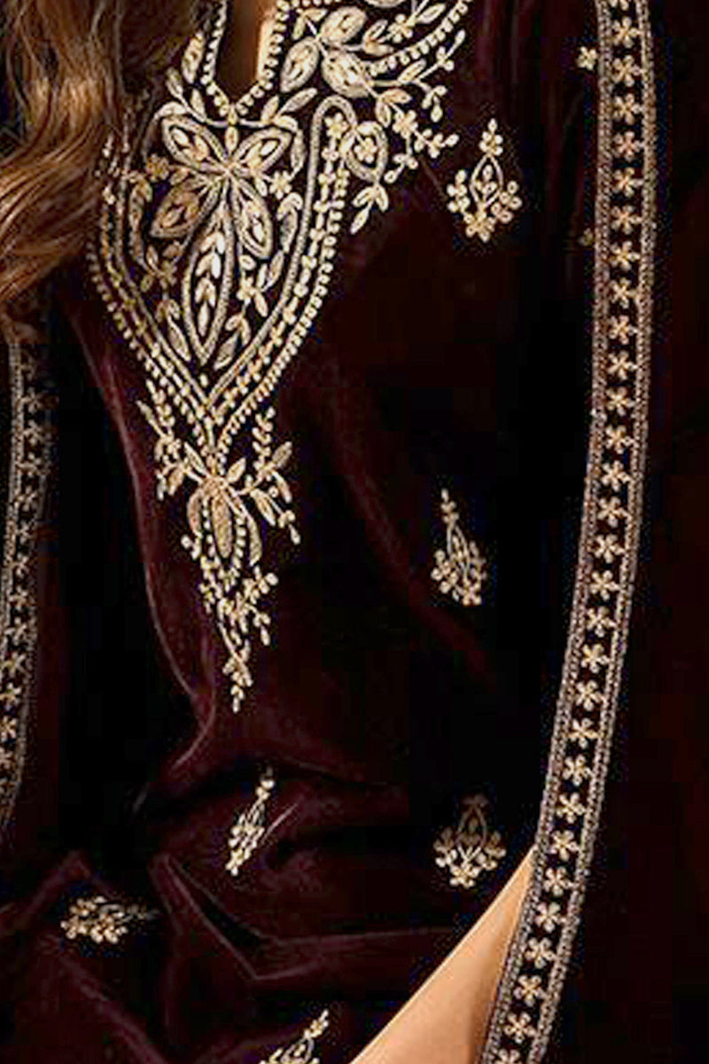Purple Velvet Solid Embroidered Straight Trousers Suit Set PKSKD2254 |