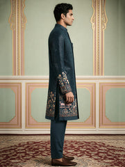 Men’s Peacock Blue Heavily Embroidered Indo-Western Set ( 50JIND 127Peacock S )
