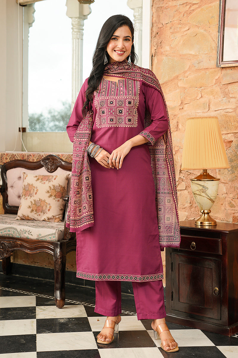 Purple Rayon Blend Ajrakh Printed Straight Kurta Trousers With Dupatta PKSKD3064