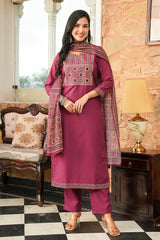Purple Cotton Blend Ajrakh Printed Straight Kurta Trousers With Dupatta PKSKD3064
