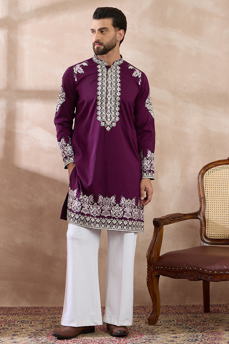 Purple Silk Blend Embroidered Mandarin Collar Straight Kurta With Trou