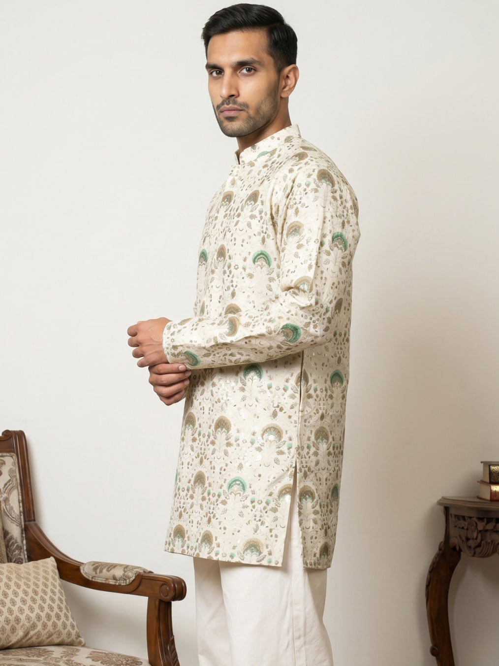 DesiQlo Men Printed Kurta Only - Beige - 65KO_5587Cream_S