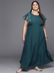Teal Plus Size Floral Print A-line Maxi Ethnic Dress-AP-AHKUCRFP-699