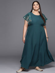 Teal Plus Size Floral Print A-line Maxi Ethnic Dress-AP-AHKUCRFP-699