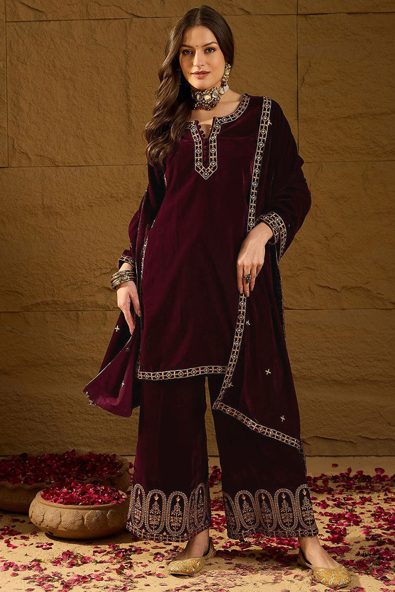 Purple Velvet Solid Embroidered Straight Palazzo Suit Set PKSKD2273 | 