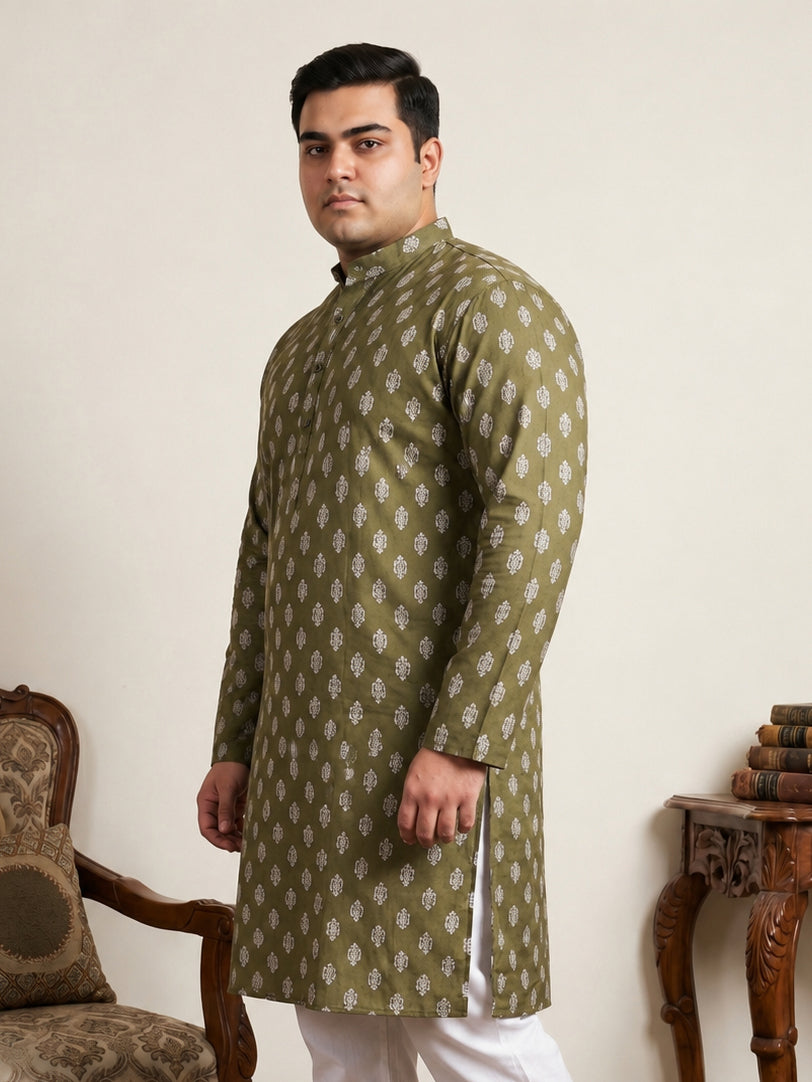 DesiQlo Men Printed Kurta Only - Green - KO_650Olive_3XL