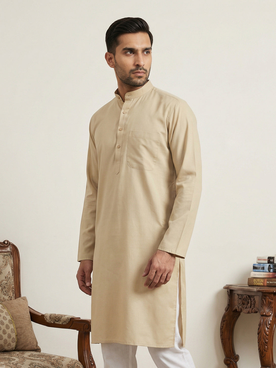 DesiQlo Men Solid Kurta Only - Beige - KO_5144Beige_S