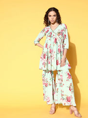 Women's Sea Green Floral Printed Pleated Sharara Set-AHTUSH-COMBO-581