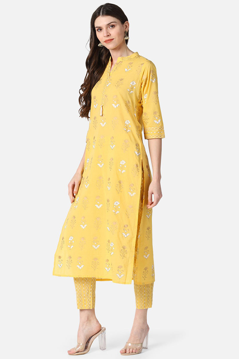 Yellow Pure Cotton Ethnic Motifs Straight Kurta Set VKSET1062