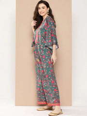 Green & Pink Printed Jumpsuit with Lace Inserts-AHJSCRDP-45-ICH