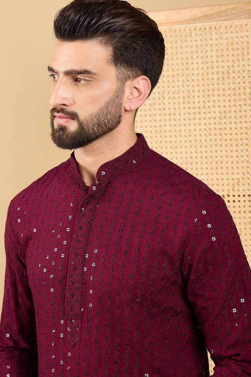 Maroon Embroidered Viscose Rayon Indian Kurta for Men