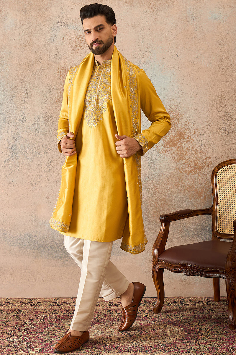 Yellow Silk Blend Embroidered Ethnic Kurta with Trousers & Dupatta MKPD1023