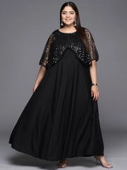 Black Geometric Print Plus Size A-line Maxi Ethnic Dress-AP-AHKUNTFL-842