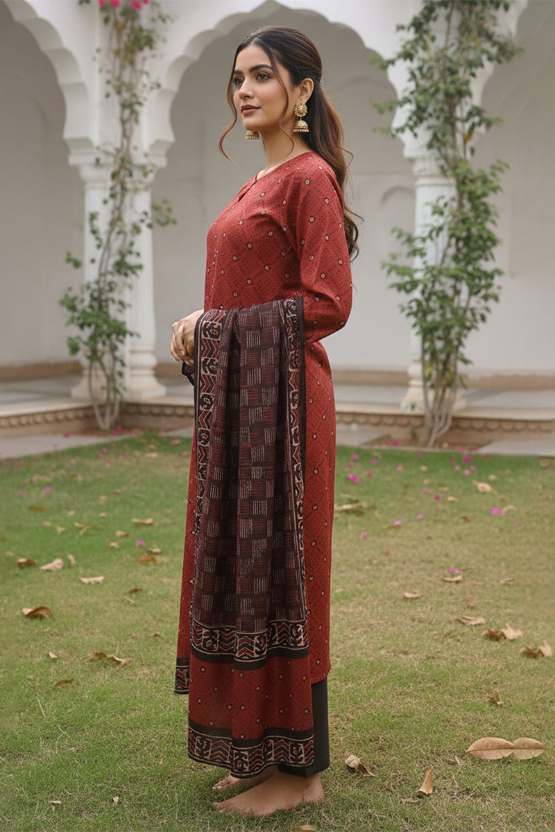 Maroon Rayon Blend Geometric Printed Straight Kurta Trousers With Dupatta VKSKD2414