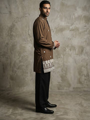 Men's Japanese Fabric Embroidered Kurta with Korean Pants Set ( 65KP PJ11B 5594Brown ) [FF] [G-4]