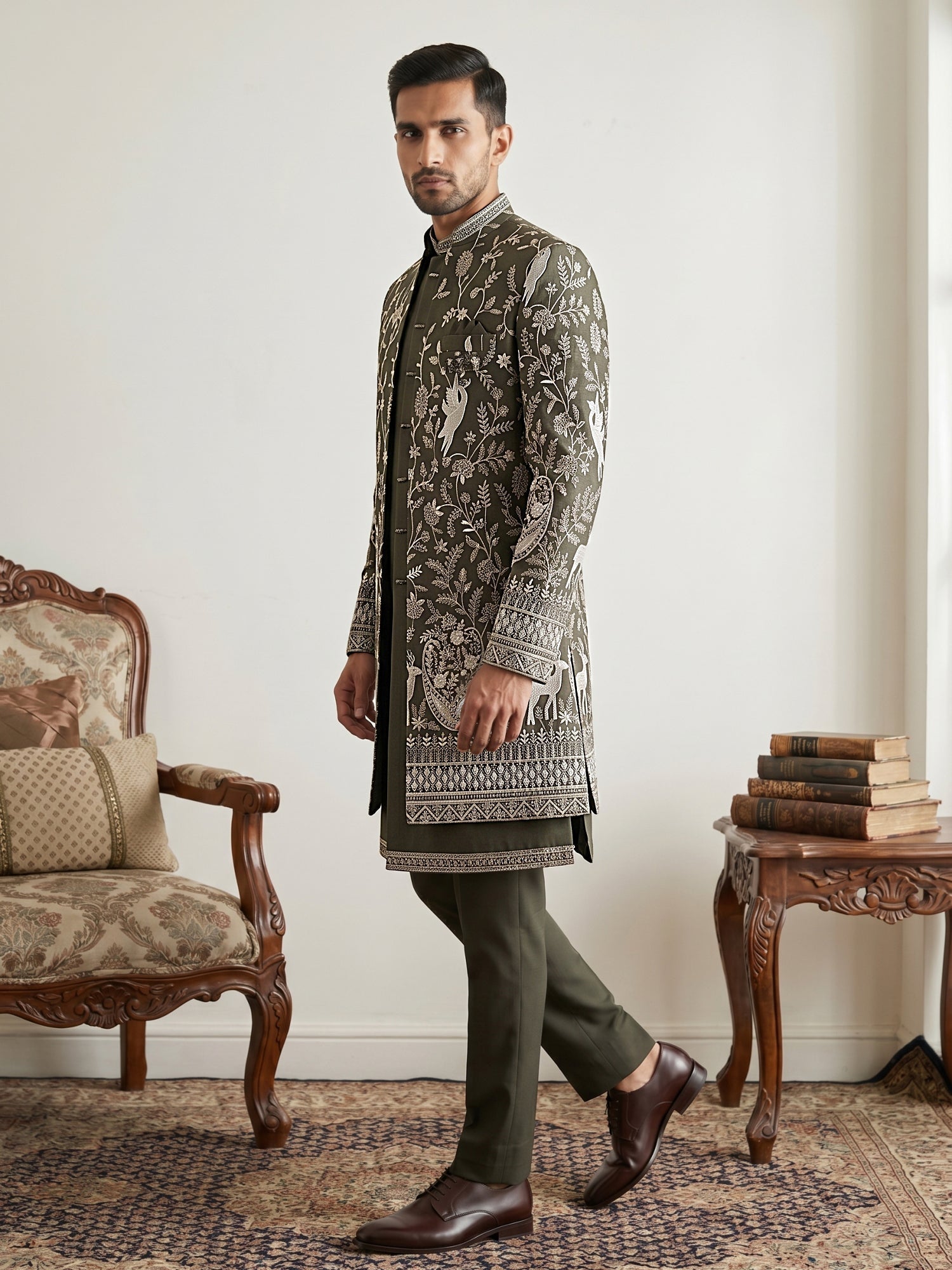 DesiQlo Men Embroidered Indo Western Set - Green - 50JIND_230Mehndi_S