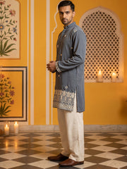 Men's Japanese Fabric Embroidered Kurta with Korean Pants Set ( 65KP PJ11W 5594Grey ) [FF] [G-4]