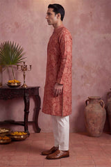 Red Silk Blend Floral Printed Kurta With Trousers MKSET1979