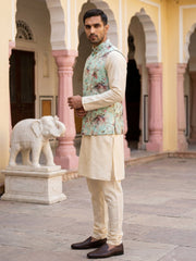Men's Silk Blend Kurta Set with Printed Nehru Jacket ( JOKPWC 636W 4007Lime )
