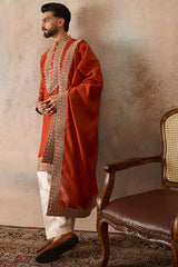 Orange Silk Blend Solid Embroidered Kurta With Dupatta MKUD1028