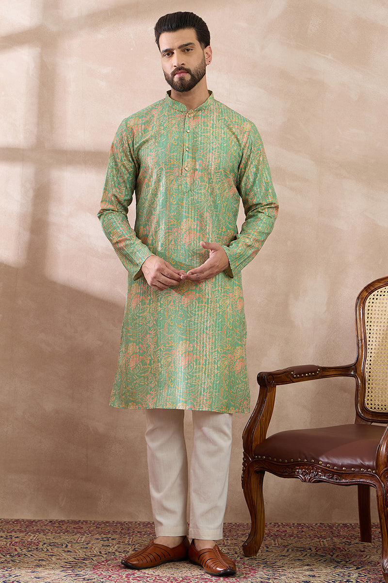 Green Silk Blend Printed Mandarin Collar Straight Kurta MKU2113