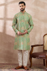 Green Silk Blend Printed Mandarin Collar Straight Kurta MKU2113