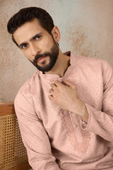 Peach Linen Blend Geometric Woven Design Kurta MKU2364