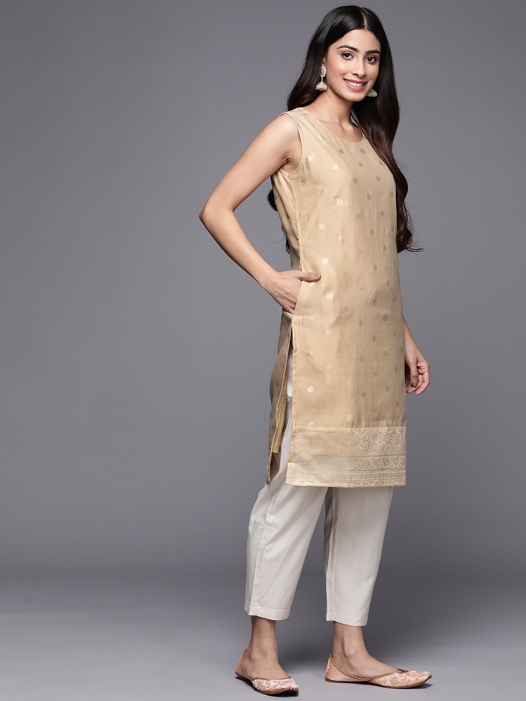 Tan & Gold Printed Indian Kurta | Contemporary Kurta for Women