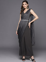 Grey Abstract Print Layered Ethnic Dress-AHEDCFGL-119