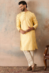 Yellow Silk Blend Floral Straight Kurta With Dupatta MKSET2216