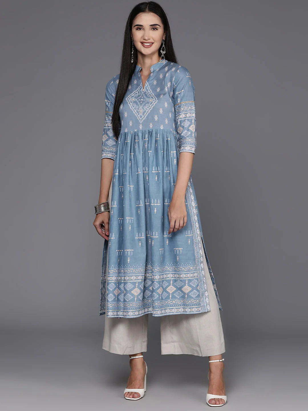 Blue & White Geometric Cotton Kurta - Indian Kurta Ladies