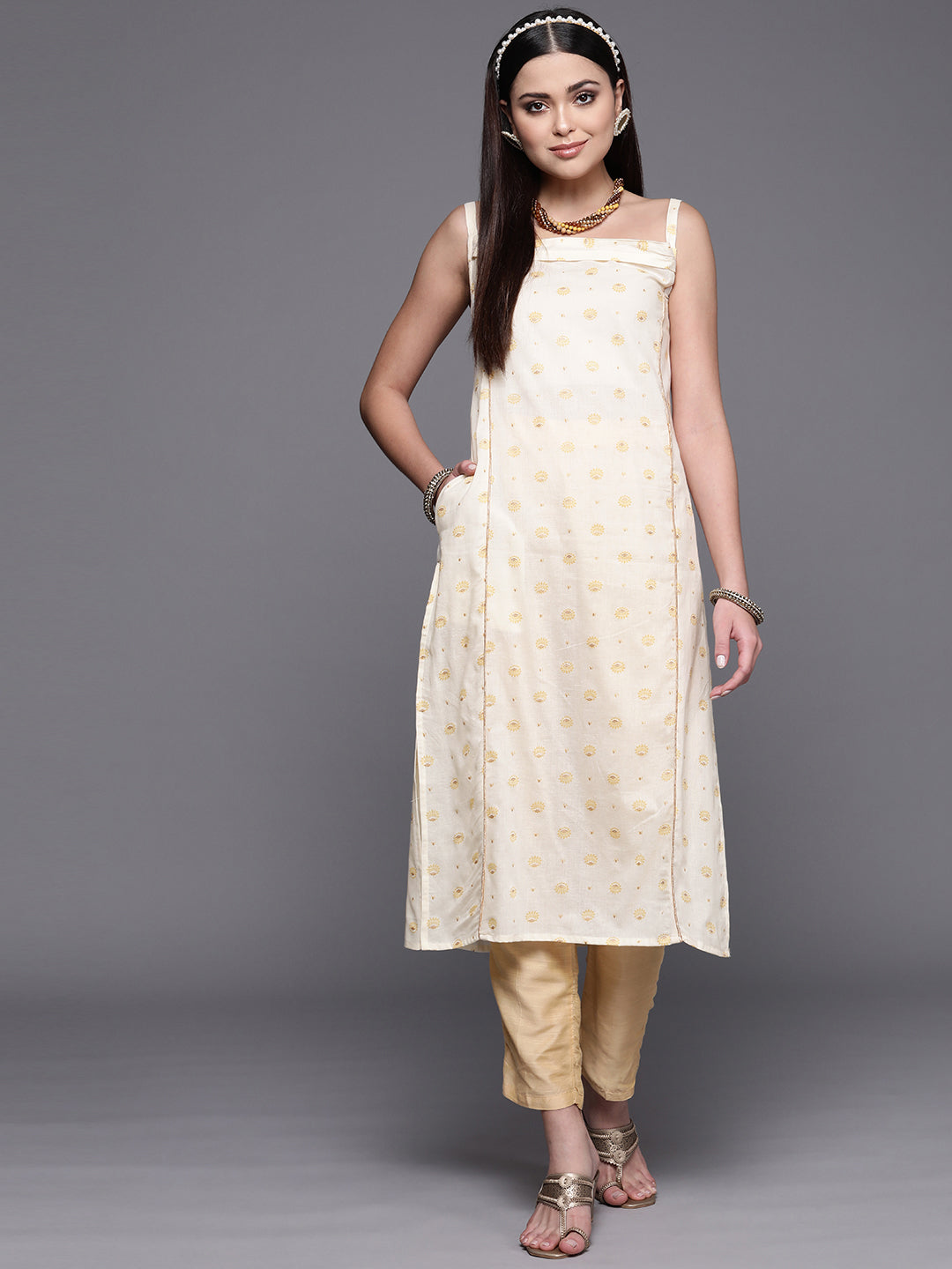 Off White Cotton Printed Indian Kurta - Everyday Comfort