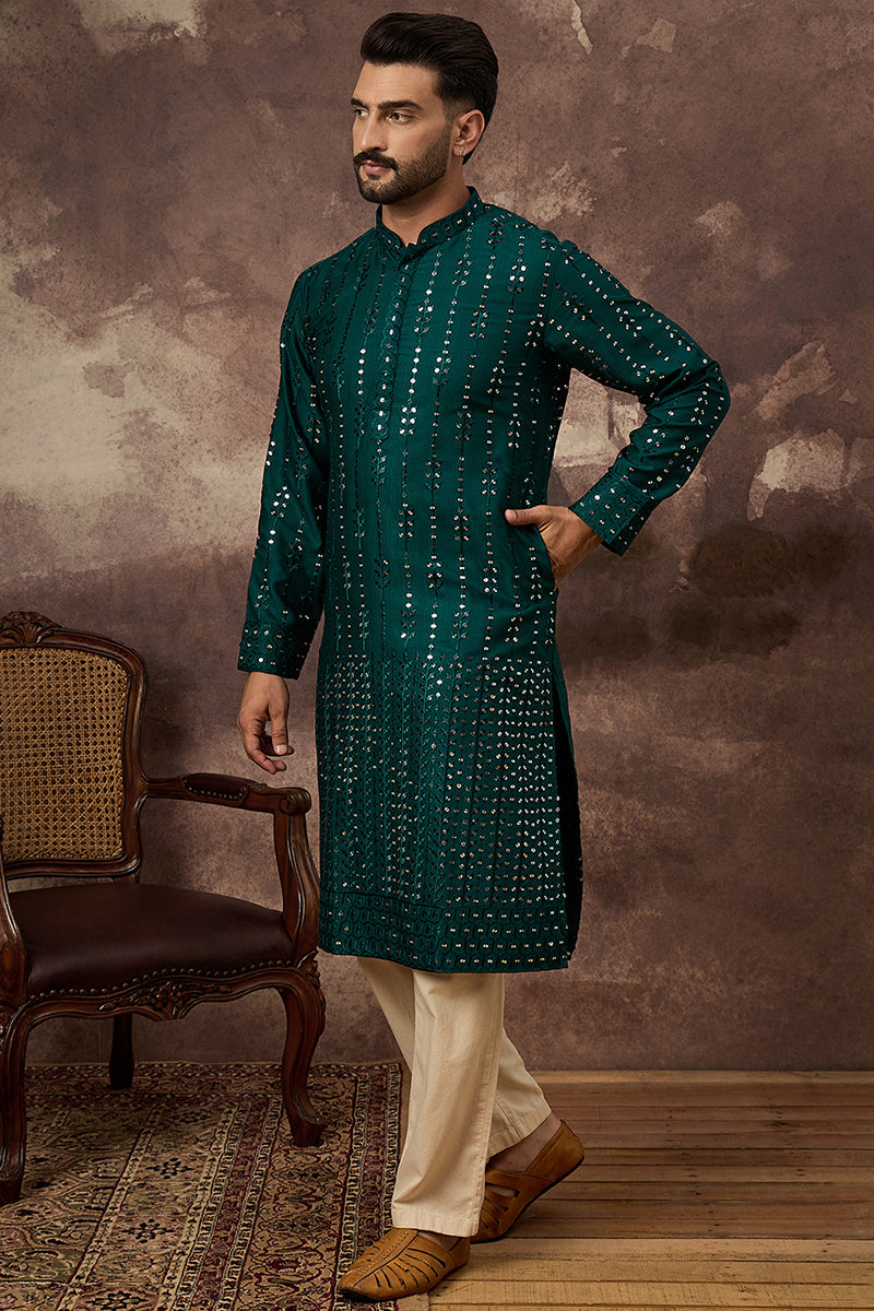 Teal Silk Blend Solid Embroidered Straight Kurta MKU1357