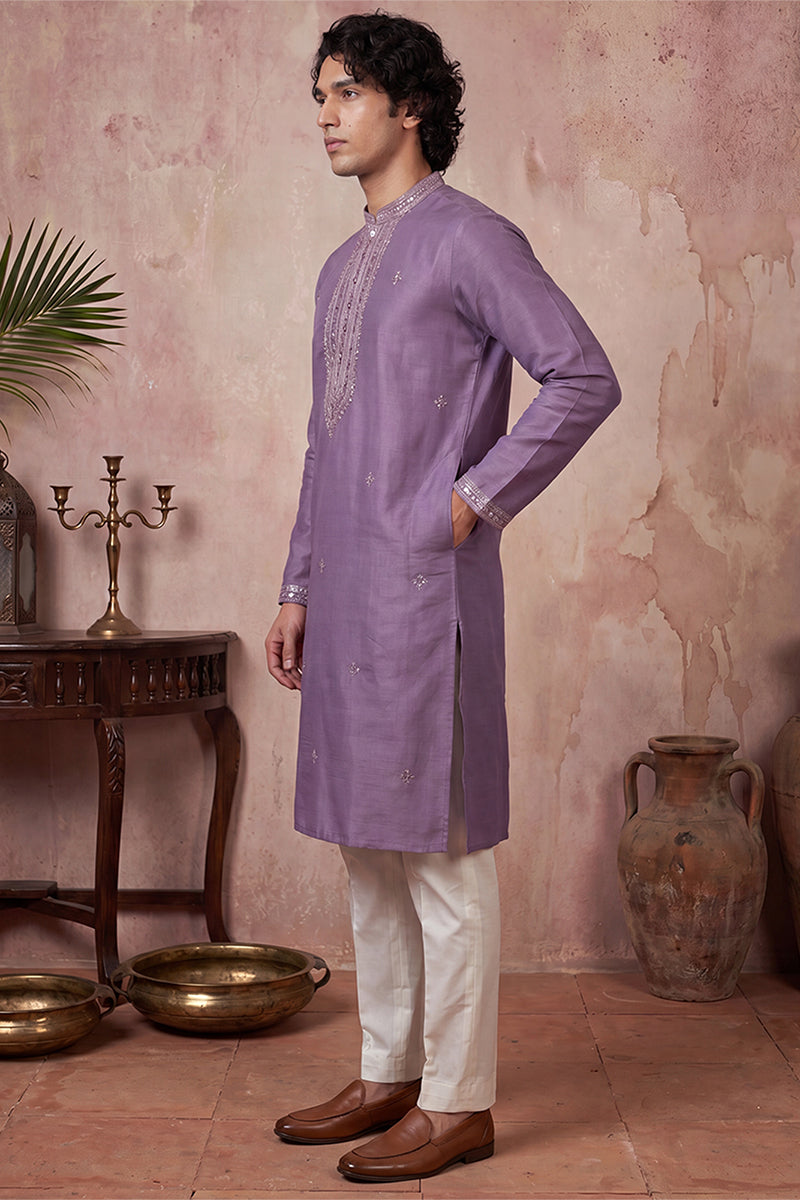 Lavender Silk Blend Solid Emboidered Sequins Kurta With Trouser MKSET2277