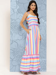 Pink & Blue Striped Maxi Ethnic Dress-AHEDCRDP-202-ICH