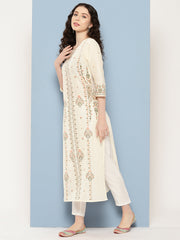 Off White Floral Printed Pure Cotton Kurta-AHKUCOKHGL-998