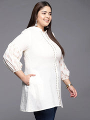 Off White Plus Size Mandarin Collar Printed Pure Cotton Tunic-AP-AHTUCOPG-8060