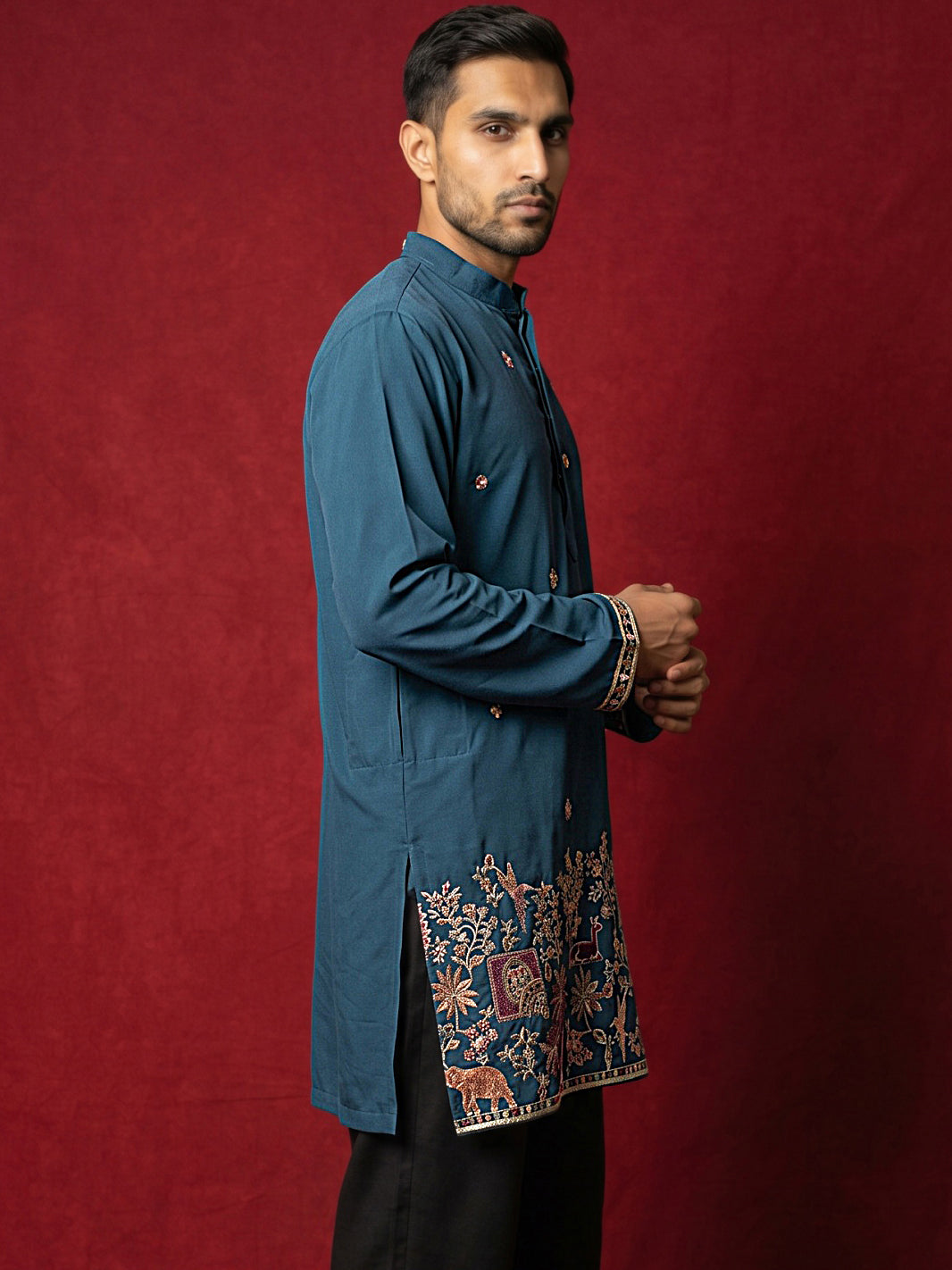 DesiQlo Men Embroidered Kurta Only - Multicolor - 65KO_5597Peacock_S