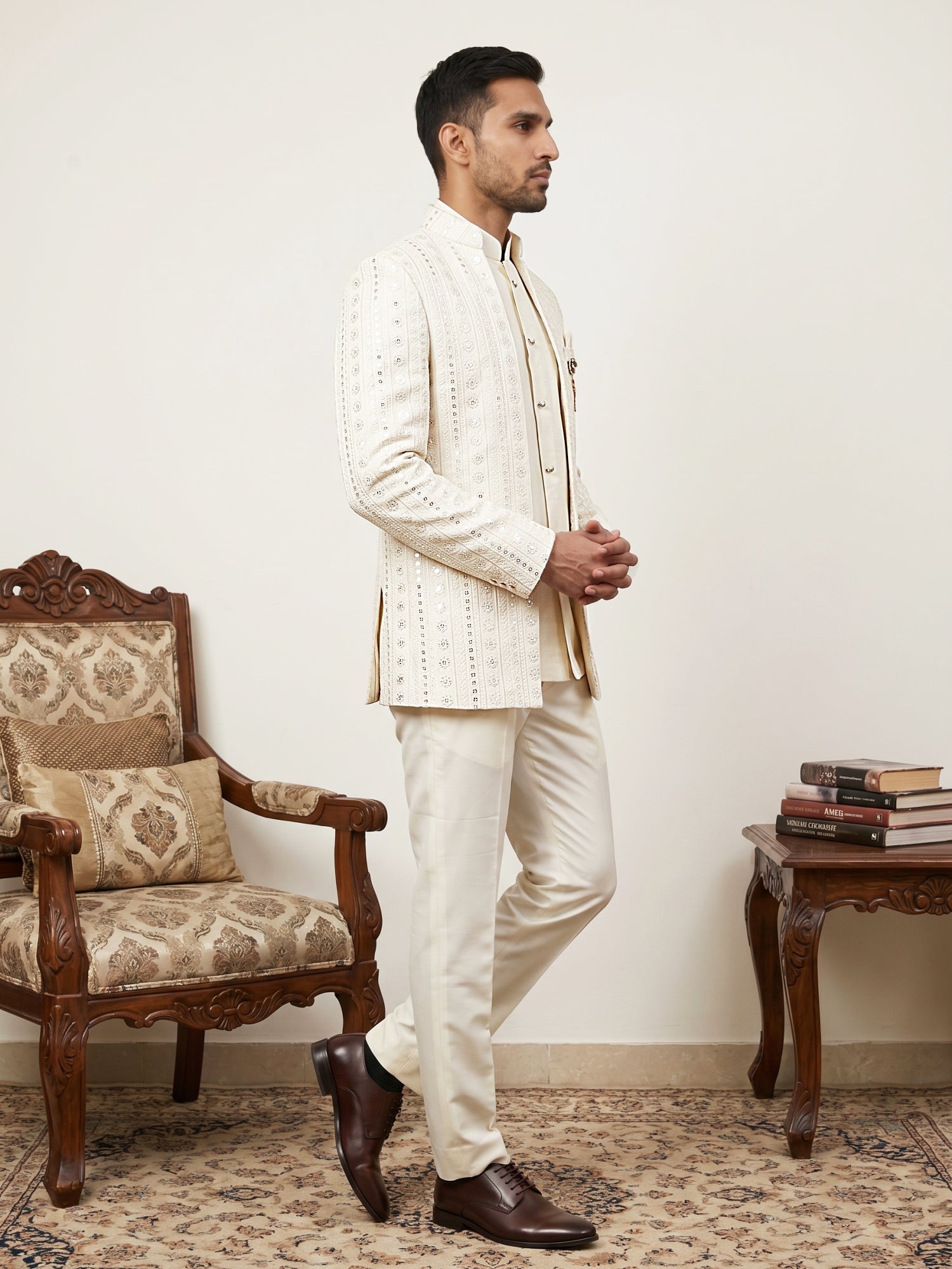 DesiQlo Men Embroidered Indo Western Set - Beige - 50JIND_226Cream_S